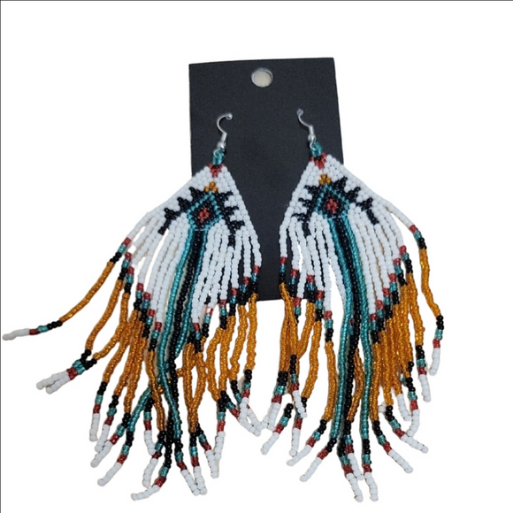 Boutique 9 Jewelry - Handcrafted Beaded Fringe Earrings - White, Gold, Black Purchased In NM